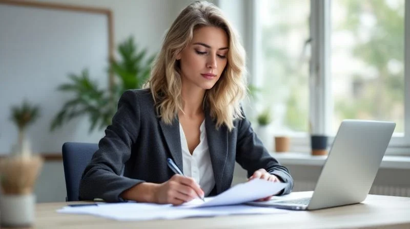 Frau sitzt mit Unterlagen und Laptop am Tisch und plant ihre Weiterbildung