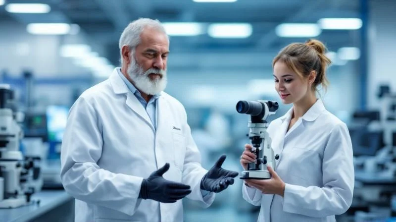 Ausbilder in einem Jenaer Photonik-Labor zeigt einer Auszubildenden die Justage eines optischen Aufbaus