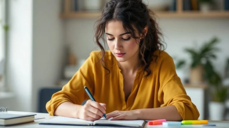 Person studiert Lernunterlagen am Schreibtisch in einer hellen Wohnung in Jena