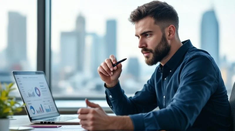 Mann sitzt konzentriert mit Laptop am Tisch und studiert Weiterbildungsunterlagen in Jena