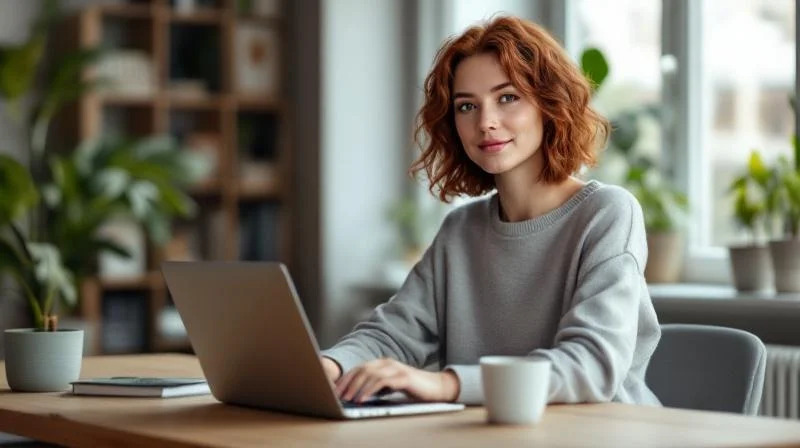 Frau arbeitet am Laptop in einem modernen Coworking-Space in Jena