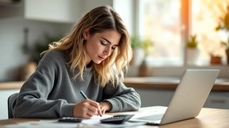 Frau rechnet am Tisch mit Taschenrechner und Unterlagen in einer Wohnung in Jena