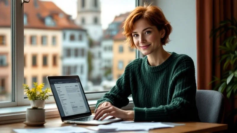 Jenaer Berufstätige sortiert am Schreibtisch Quittungen für die Steuererklärung und führt eine Excel-Liste auf dem Laptop