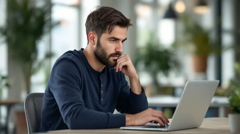 Mann sitzt konzentriert am Laptop in einem Coworking-Space in Jena