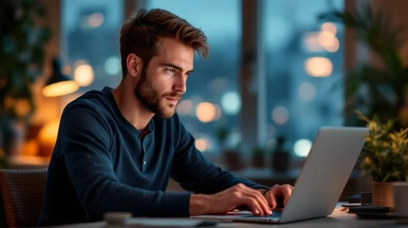 Mann arbeitet abends am Laptop in einem modernen Homeoffice in Jena
